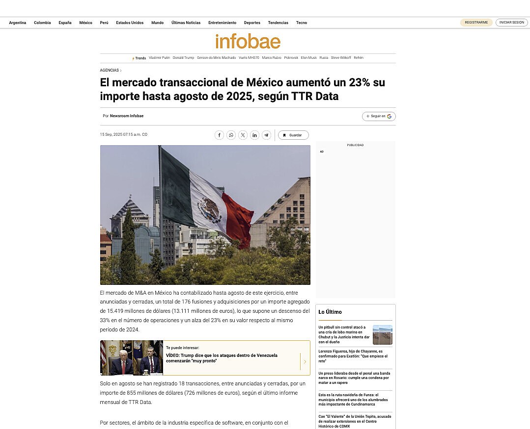 El mercado transaccional de Mxico aument un 23% su importe hasta agosto de 2025, segn TTR Data